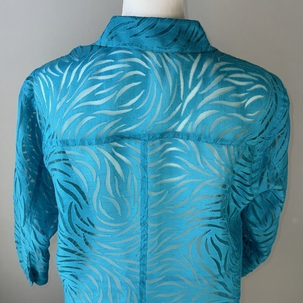 Vintage Mirasol Turquoise Burnout Shirt Flax Blend  Button Up Lightweight Medium - Picture 5 of 9
